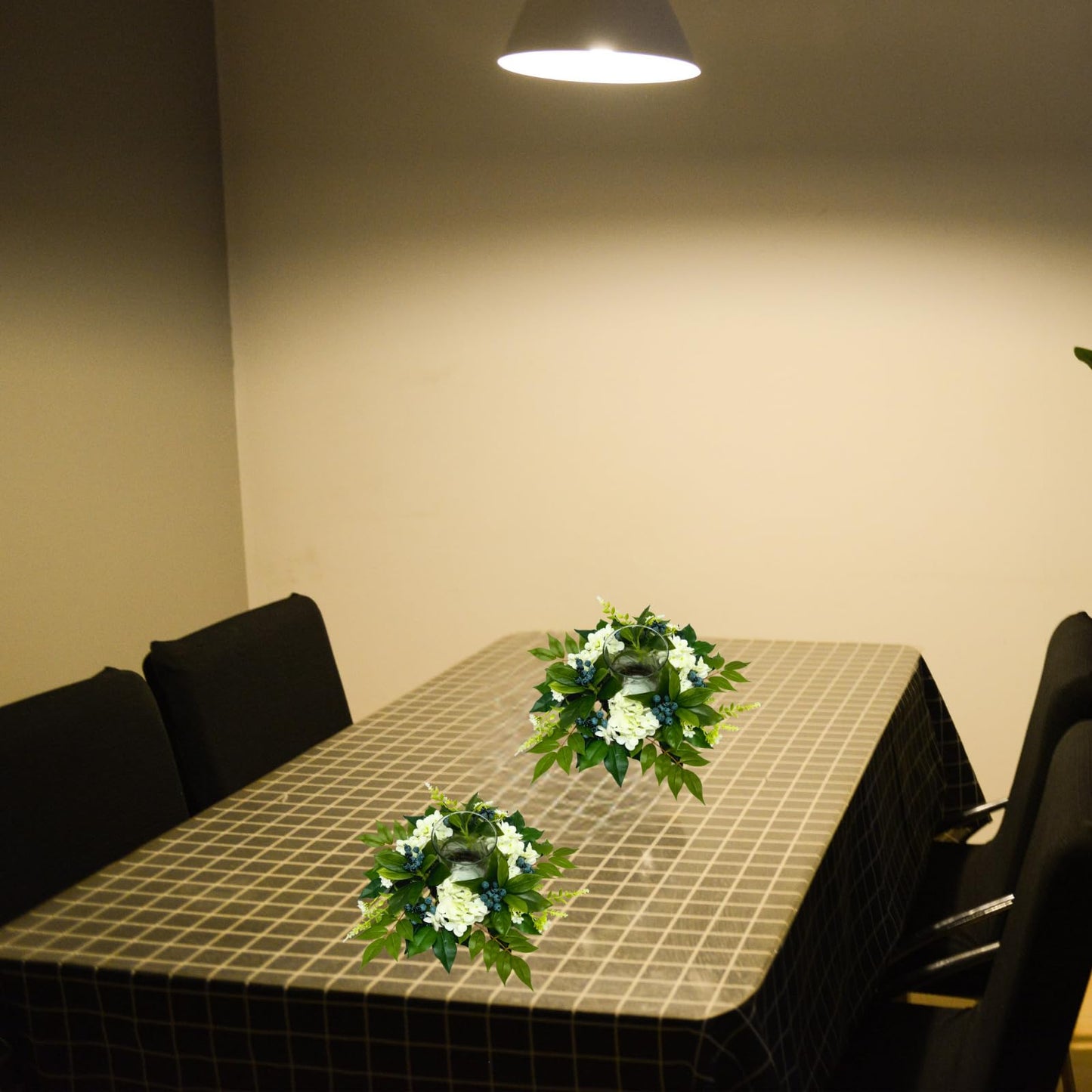 All Season Floral Arrangement Centerpiece for Table Glass Candle Holders with Artificial Hydrangea Flowers Blueberry Eucalyptus Leaves for Dining Room Indoor Outdoor Home Decor