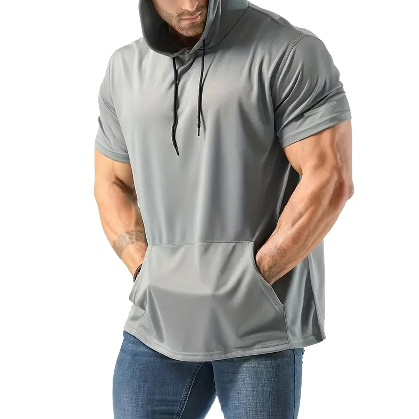 frueo Men's 3 Pack Workout Shirts Quick Dry Moisture Wicking Short Sleeve Mesh Athletic T-Shirts with Hoods,Black Gray Green,2XL