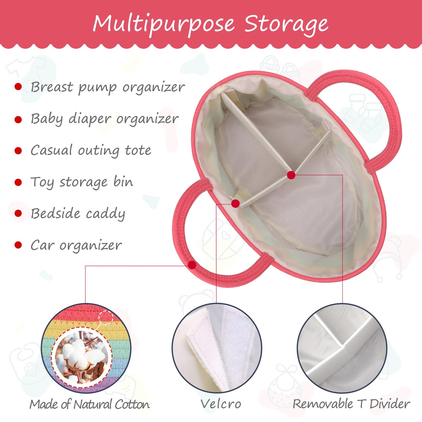 COMSE Large Baby Diaper Caddy Organizer for Girl Boy, Car Caddy with Handles, Cotton Rope Basket for Changing Table, Nursery Organizer, Gift for Baby Shower and Registry Must Have, Rainbow