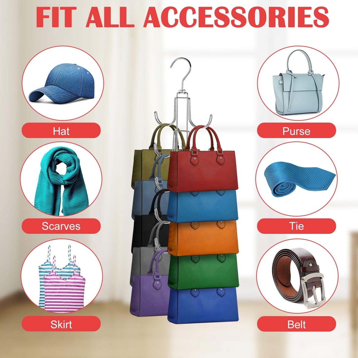 Purse Hanger for Closet, Collapsible Metal Purse Organizer with 20 Big Hooks(2 Pack), 360° Rotation for Better Organizer&Display, Foldable Bag Hangers Space Saving for Handbag, Belt, Scarve, Tie