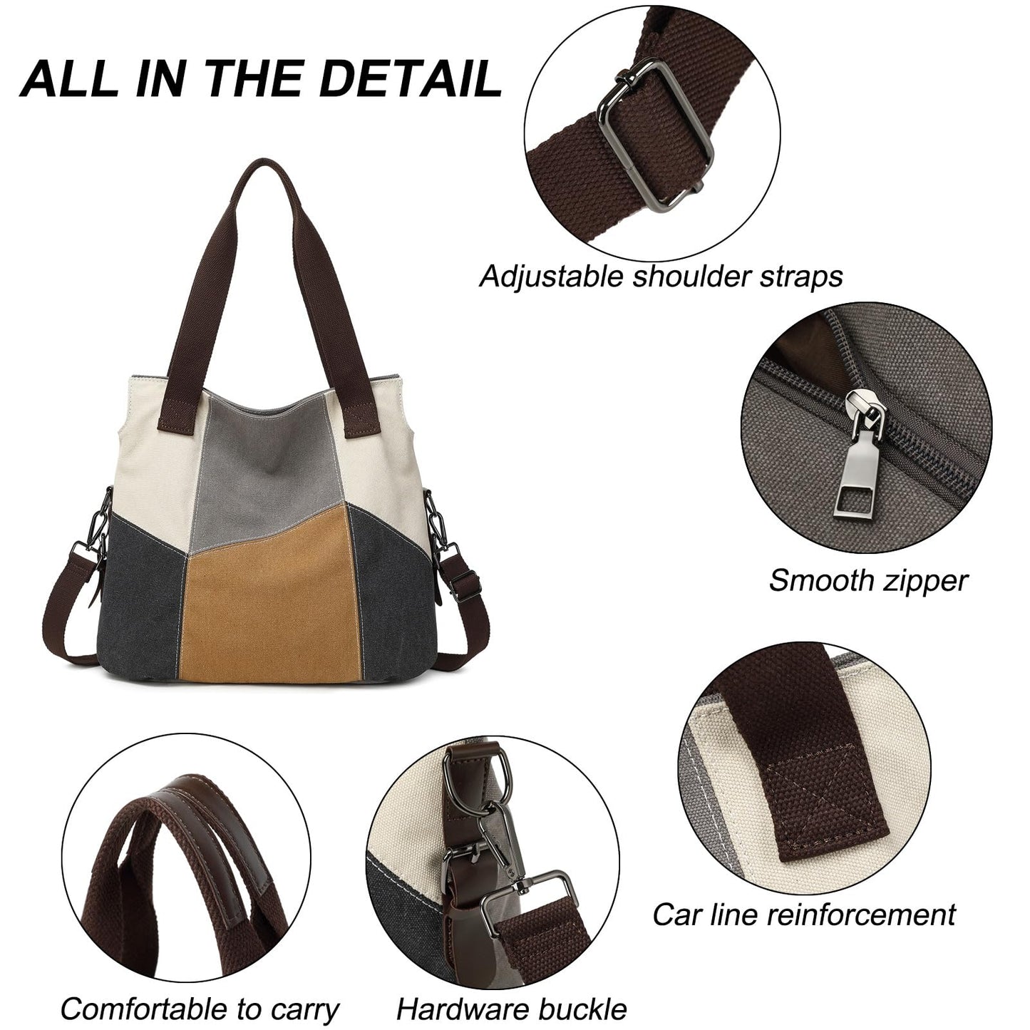 LAKE OF FIRE Women's Canvas Handbags Tote Purse for Work,Medium Casual Multi Pocket Crossbody Tote Bag with Shoulder Strap(Gray)