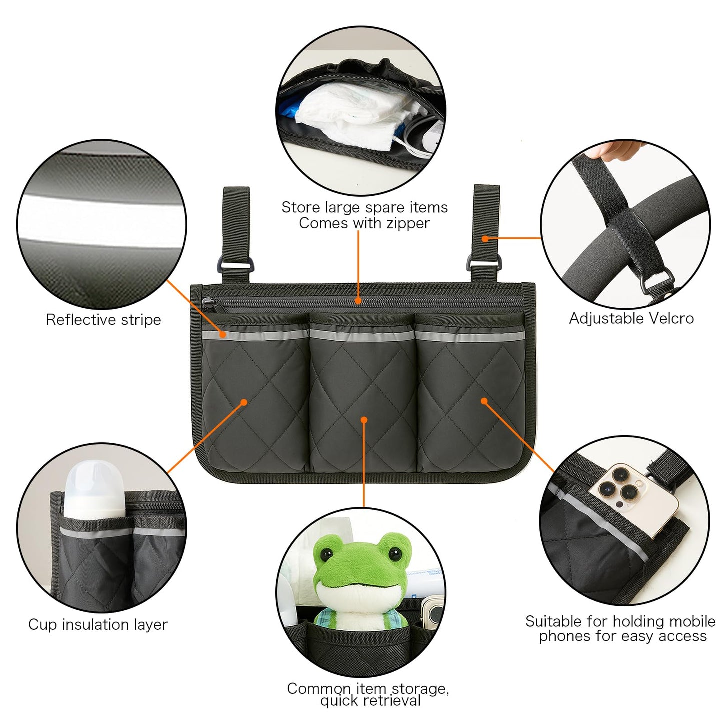 Stroller Caddy Stroller Organizer With Cup Holder, Non Slip Straps Stroller Bag for Phone, Pet Stroller Accessories,Universal Stroller Organizer, stroller caddy,Fits Single & Double Strollers