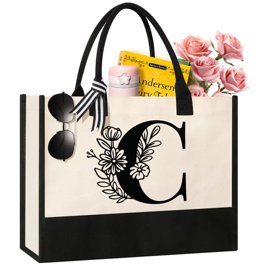 Personalized Initial Canvas Tote Bag, Suitable for Birthday, Wedding, Beach, Holiday, Gifts for Women, Mom, Teachers, Nurses, Best Friends, Bridesmaids (L)