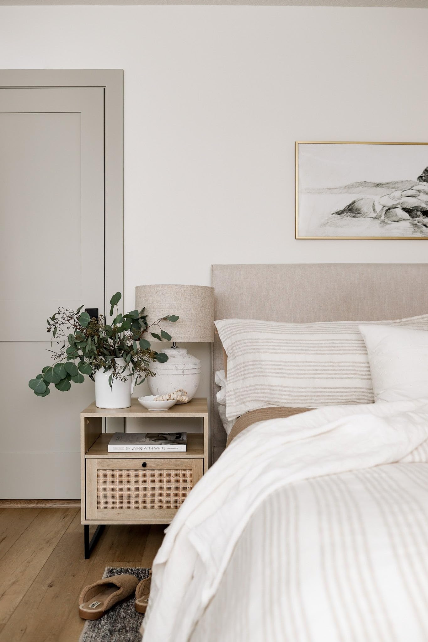 Nathan James Mina Rattan Wood End Side Accent Table Nightstand with Storage for Living Room or Bedroom, 1, Oak/Black