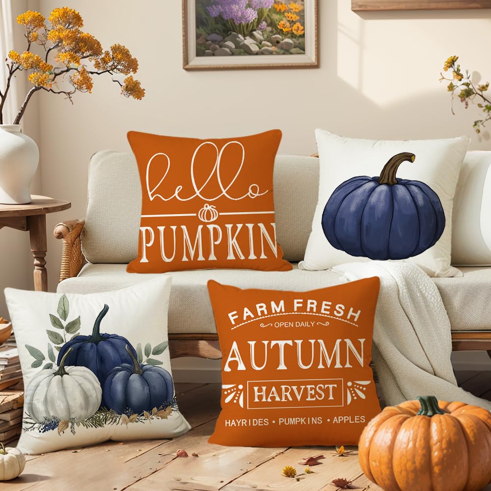 MAZSHTTD Fall Pillow Covers Blue Pumpkin Outdoor Indoor Decorative Throw Pillow Covers 18 x 18 Inch Set of 4 Farmhouse Autumn Cushion Cover Pillow Case for Living Room Bed Room Fall Decor