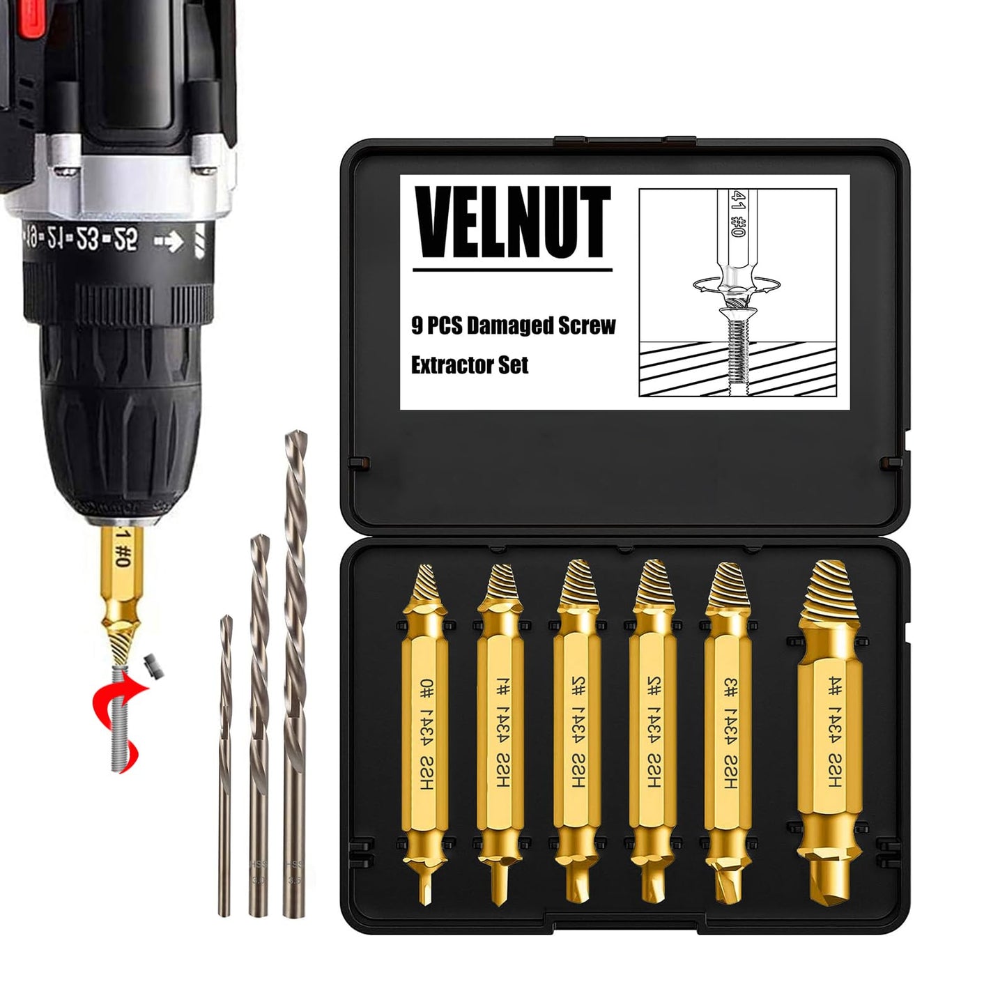 Damaged Screw Extractor Set, 9 PCS Broken Damaged & Stripped Screw Remover with Drill Bit, for Easy Removal of Rusty Broken Stripped Screws Nuts & Bolts-Gifts for Men-Gift for Boyfriend Father Husband