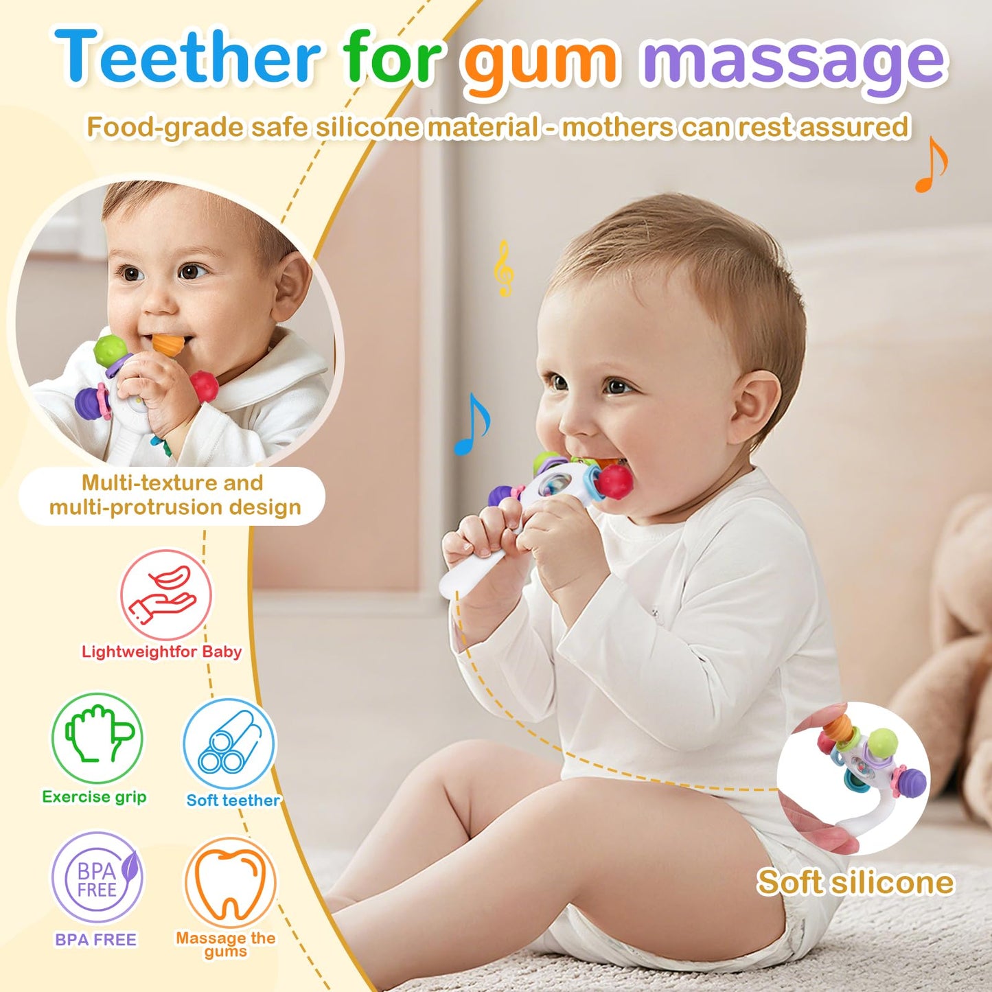 Food Quality Baby Rattle - Teething Ring - BPA - Free,Suitable for Choking - Design,Grip strengthening,Suitable for Hearing Development and Teeth Development,Ideal for Babies Aged 0-36 Months (White)