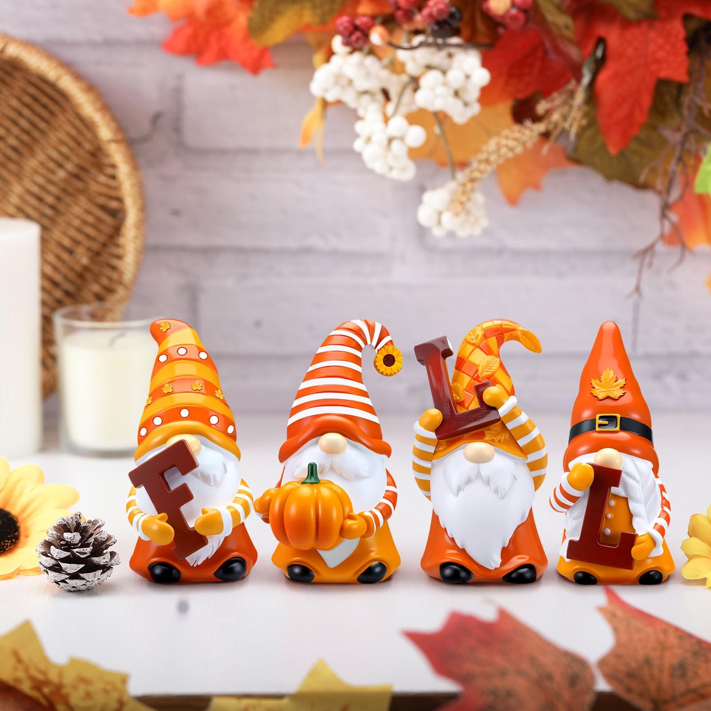 ShinyRelief 4 Pcs Fall Figurines Resin Gnome Tabletop Autumn Sculpture Decoration Maple Leaf Pumpkin Sunflower Table Centerpiece for Dining Room Home Party Supplies Gifts Decor