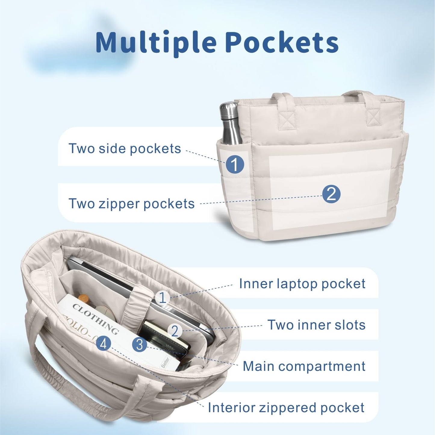 TOPDesign Puffer Tote Bag for Women, Lightweight Puffy Handbag with Compartments & Cosmetic Bag, Quilted Shoulder Bags for Work, Travel, Gym, Gifting (L Light White)