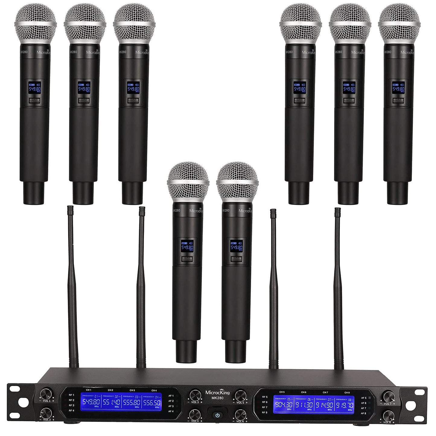 MicrocKing Wireless Microphone System, 8-Channels UHF Cordless Dynamic Handheld Mics, Long Range 400ft, Auto Connect, Ideal for Karaoke Party Wedding Speech and Outdoor Events