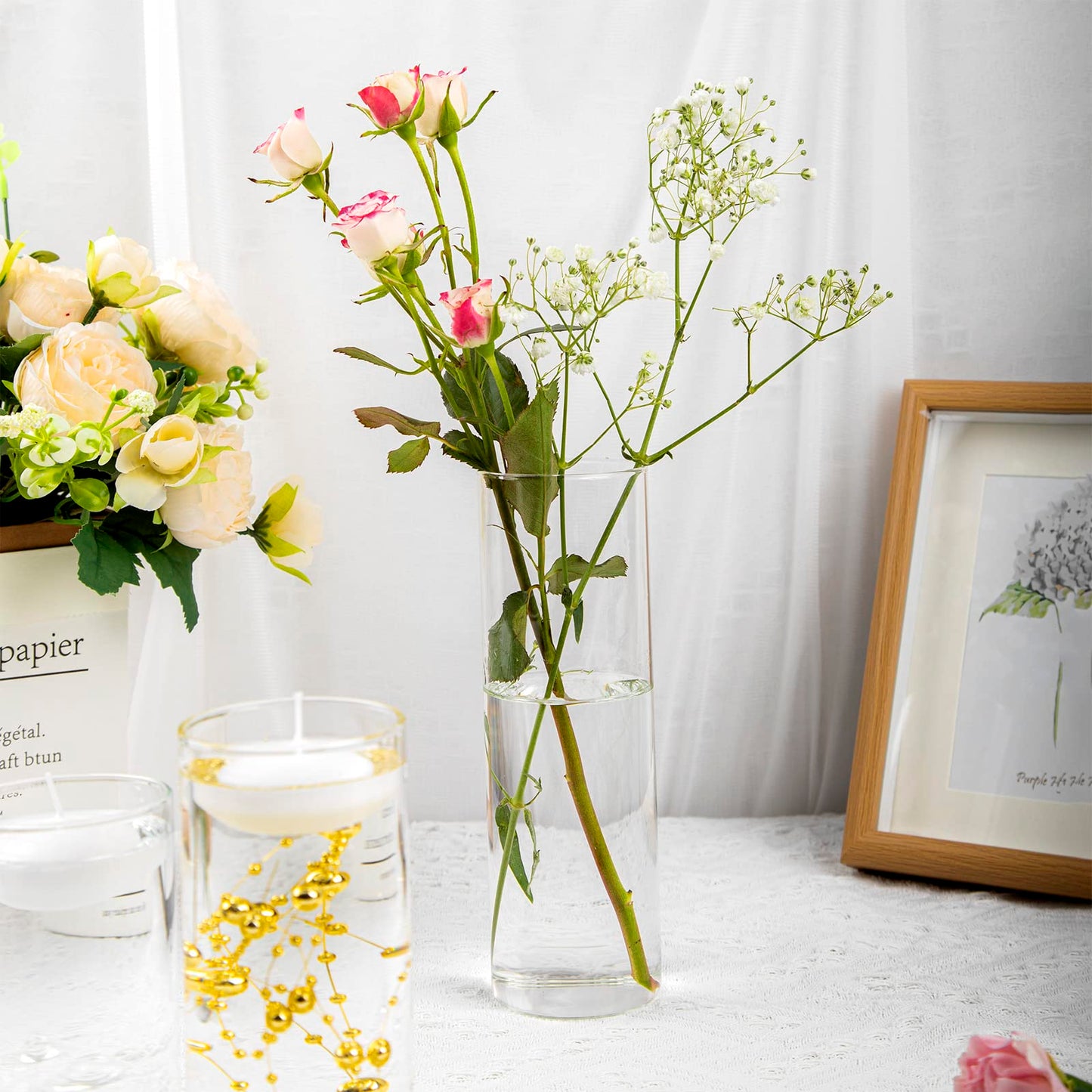 UDU 12 Set Glass Cylinder Vases for Centerpieces with 80000 Vase Filler 24 White Floating Candles 6 Pearl String for Wedding Party Home Table Decoration