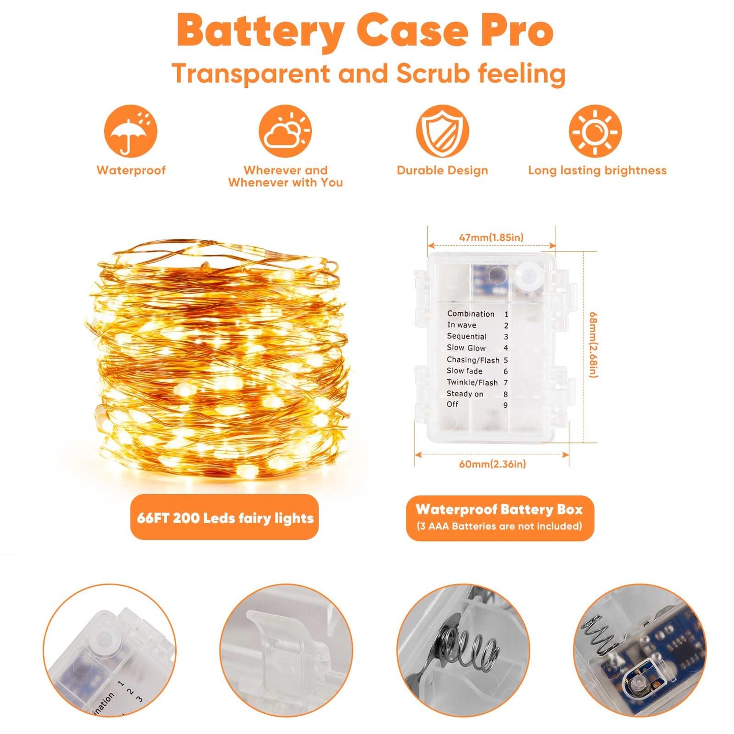 Ariceleo 1 Pack 65.6 Ft. Battery Operated Outdoor String Lights with Remote & Timer, LED Warm White Fairy Lights, Waterproof Twinkle Lights for Bedroom, Dorm, Mason Jar, Wedding, Party, Christmas