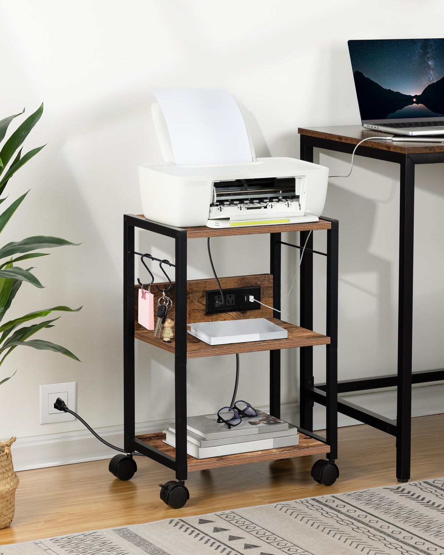MAHANCRIS Industrial Printer Cart, 3-Tier Mobile Printer Stand, Rolling Cart with Power Outlets and USB Ports, Home Printer Stand with 2 Hooks, for Office, Living Room, Rustic Brown PTHR40E01Z