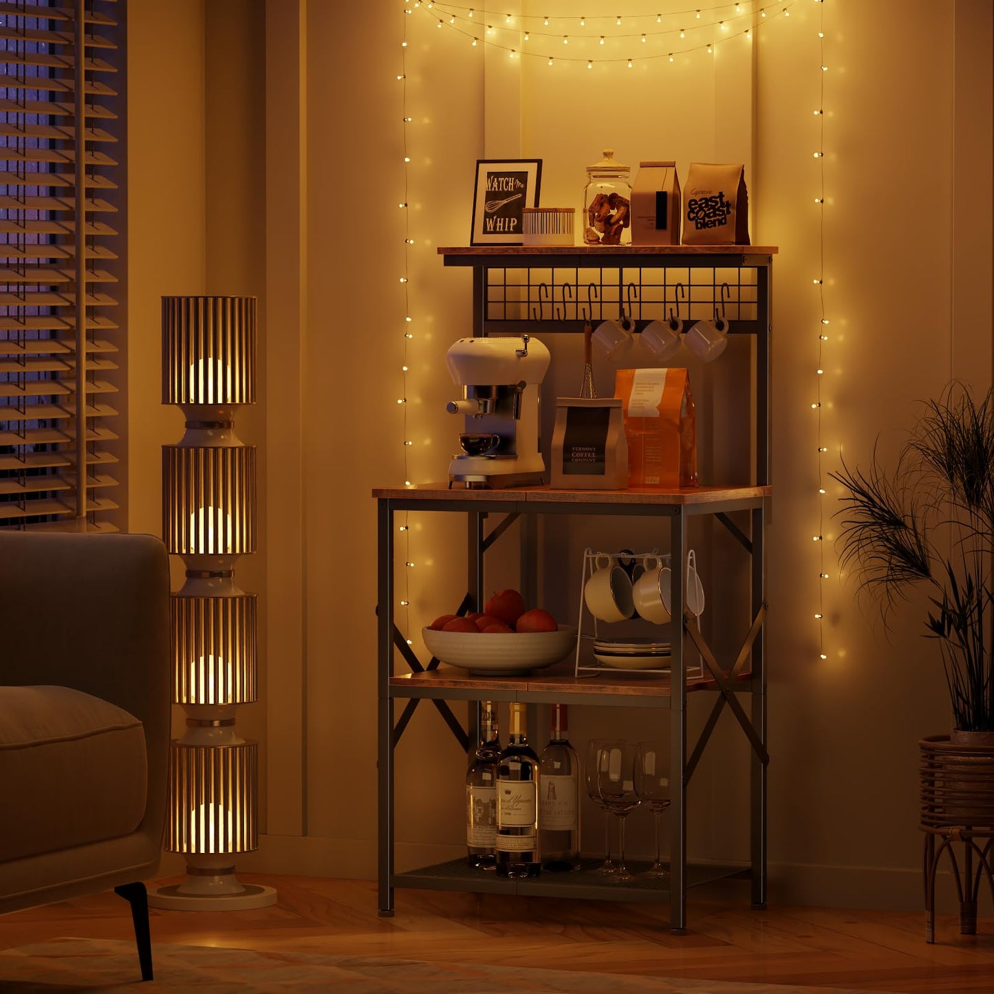 Furologee Kitchen Bakers Rack with Hutch, Coffee Bar Station 4 Tiers, Microwave Oven Stand with 6 S Hooks and Pegboard, Kitchen Microwave Rack for Spice Organizer Workstation, Rustic Brown