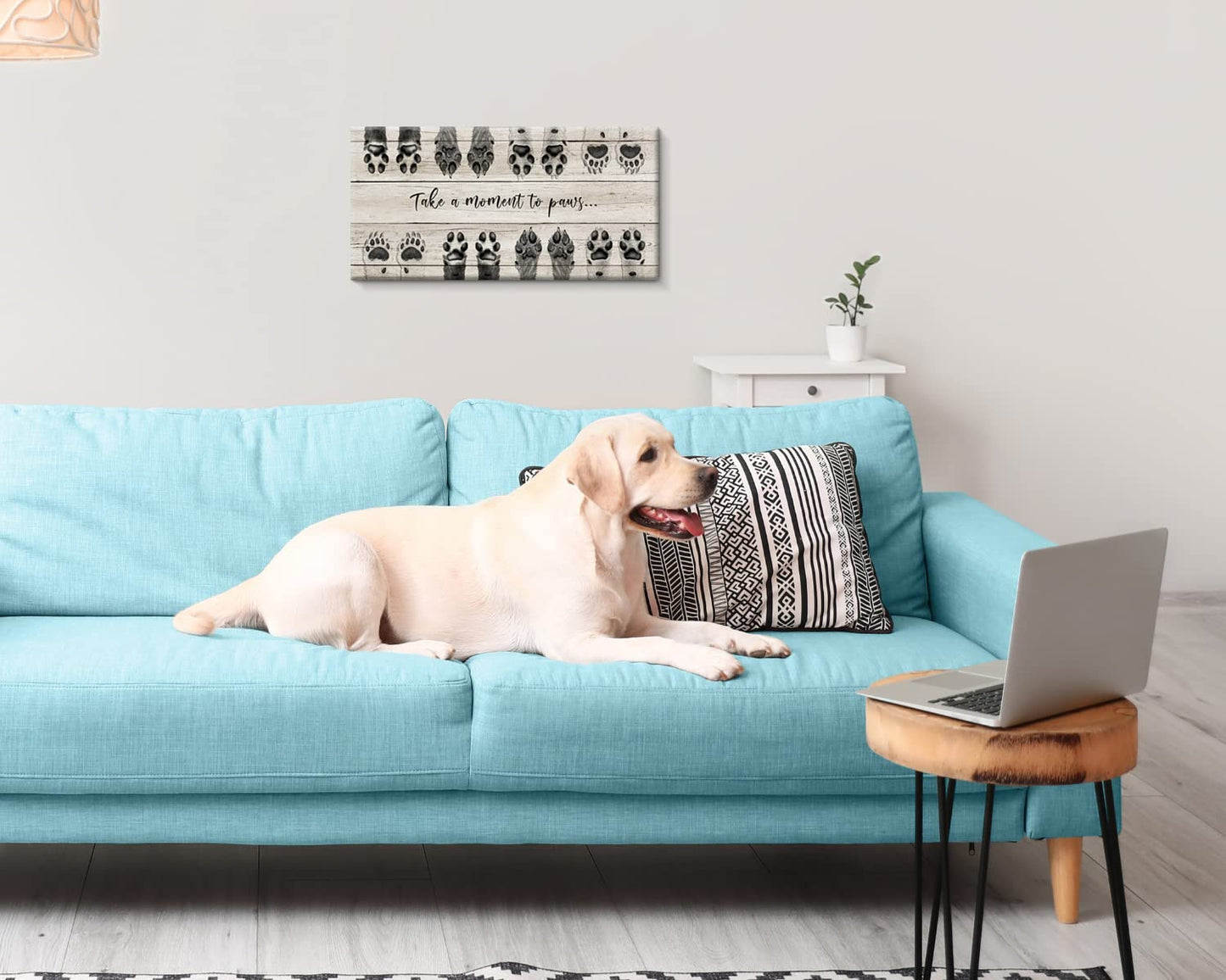 ARTINME Dog Lover Sign Wall Decor,Take A Moment to Paws Sign Pet Paw Print Artwork Footprints Canvas Wall Art,Framed Animal Prints Puppy Gifts for Front Door Home Decoration (Black)