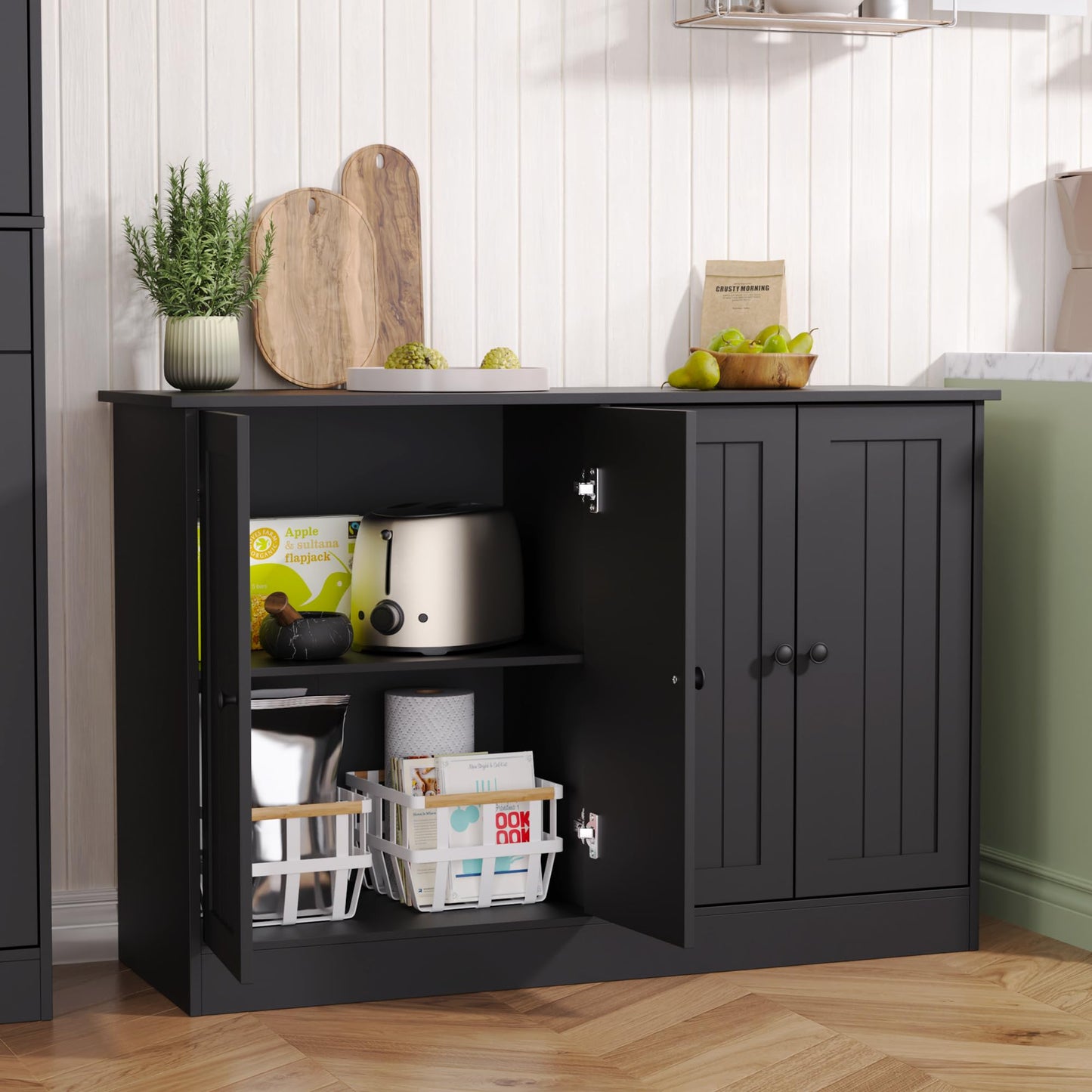 Furnify Sideboard Buffet Cabinet with Storage, 47" W Kitchen Storage Cabinet with 4 Doors, Modern Farmhouse Coffee Bar Station Wood Kitchen Table for Living Room Dining Room, Black