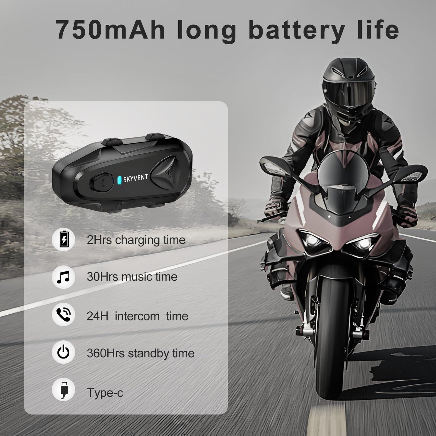 SKYVENT Q4 Motorcycle Bluetooth Communication System Headset Intercom, 4 Riders 1500m Music Sharing, FM, Noise Cancellation, IP65 Waterproof, Dual Pack (Q4)