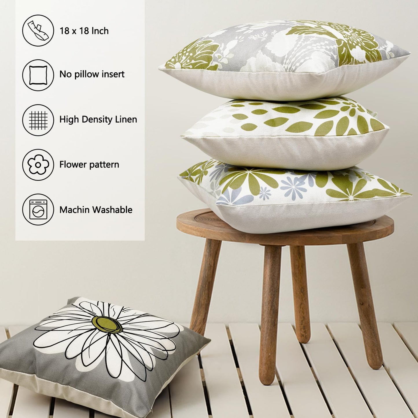 Baidast Green Olive Decorative Throw Pillow Covers 18x18 Set of 4, Green and Grey Modern Daisy Floral Pillows Linen Pillow Covers for Couch Sofa Living Room