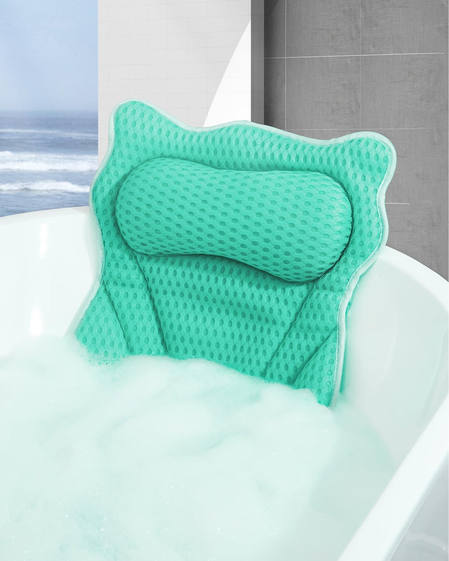 MTDLYICE Bath Pillow, Bath Pillows for Tub Neck and Back Support, Soft 4D Air Mesh Bathtub Pillow 16.5 x 17.3 INCH, with 6 Powerful Suction Cups, Bath Accessories Relaxing Gifts for Women (Lake Blue)