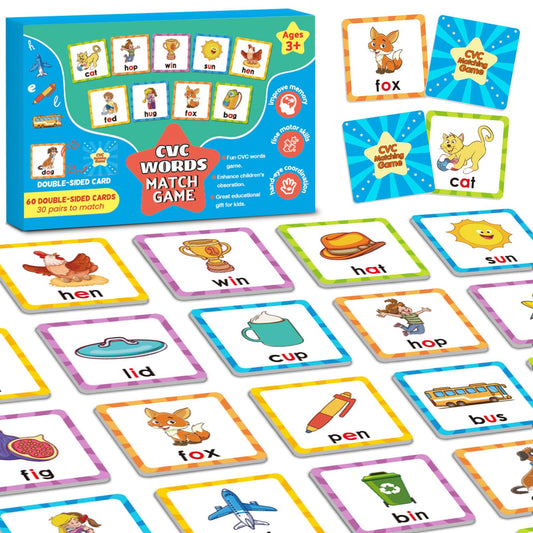 CVC Word Games Kindergarten, Memory Games for Kids Ages 4-8 & Matching Games for Toddlers 3-5, 60 PCS Phonics Games Flash Cards, Educational Toys Homeschool Supplies for Boys and Girls
