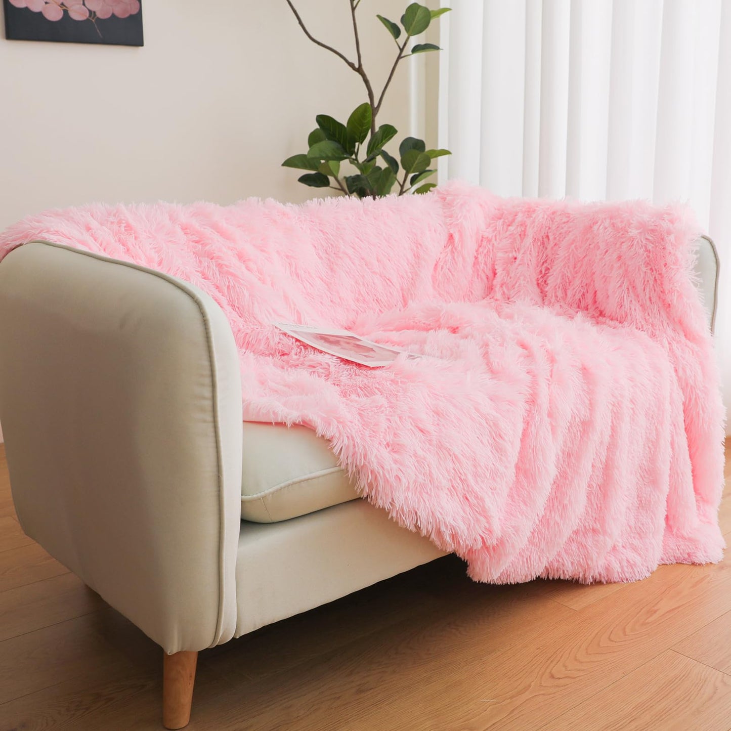 Pink Faux Fur Throw Blanket, 50" x 60" Fluffy Shaggy Plush Decorative Couch Blanket, Cute Furry Throw for Kids, Women, Men, Teen Girls