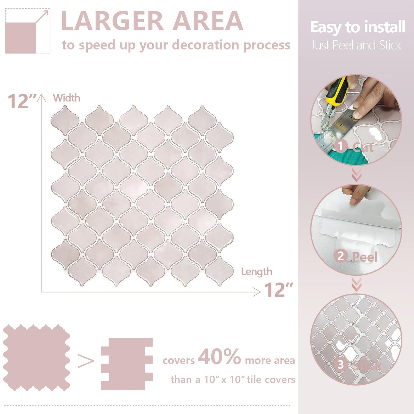 STICKGOO Arabesque Peel and Stick Backsplash, 12”X12” Backsplash Tile for Kitchen Peel and Stick, Self Adhesive Wall Tile Stick on Tiles (Pink Grey)