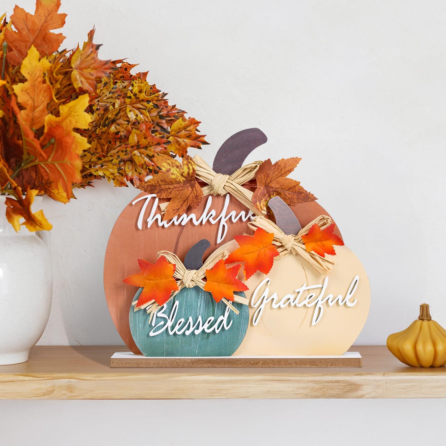 LXDNBGO Fall Decorations for Home, Farmhouse Wooden Pumpkin Decor for Autumn Thanksgiving, Blessed Grateful Thankful Decorative Pumpkin Sign for Table, Office Desk, Fireplace Mantle