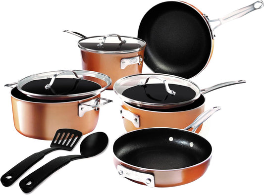 GOTHAM STEEL 10 Pc Copper Pots and Pans Set Non Stick Cookware Sets for Kitchen, Space Saving Pots and Pans with Fry Pan and Pot Set, Non Toxic, Nonstick Cookware Set, Oven and Dishwasher Safe