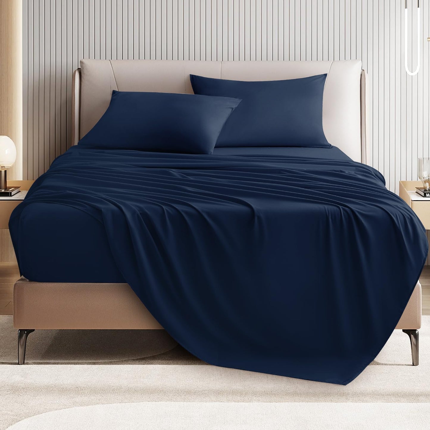 Cal King Size 4 Piece Bed Sheet Set - Ultra Imitation Cotton-Premium Breathable & Cooling Sheets - Hotel Luxury Bed Sheets Deep Pocket up to 15"- Wrinkle, Stain Resistant (Navy Blue, California King)