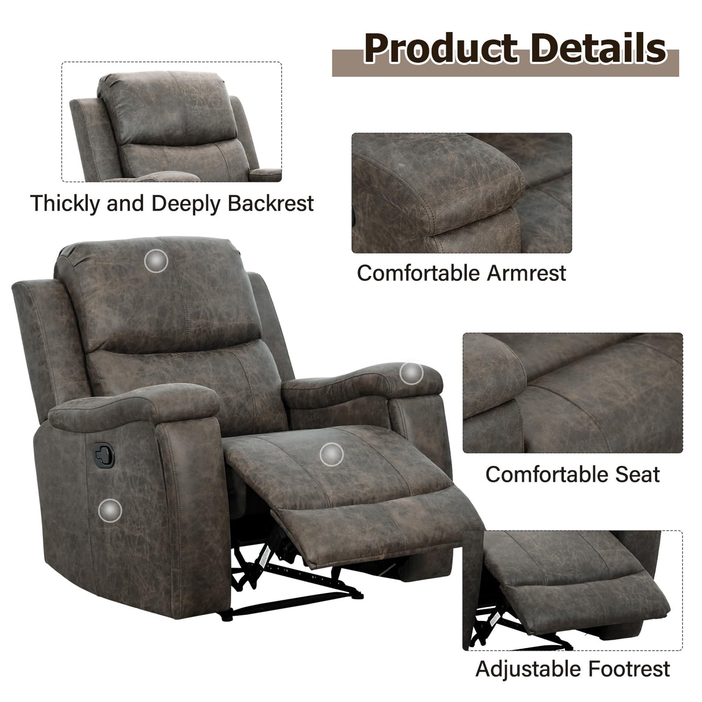 CANMOV Leather Recliner Chair, Classic and Traditional Manual Recliner Chair with Overstuffed Arms and Back, Manual Single Sofa with Concealed Cup Holders,Grey