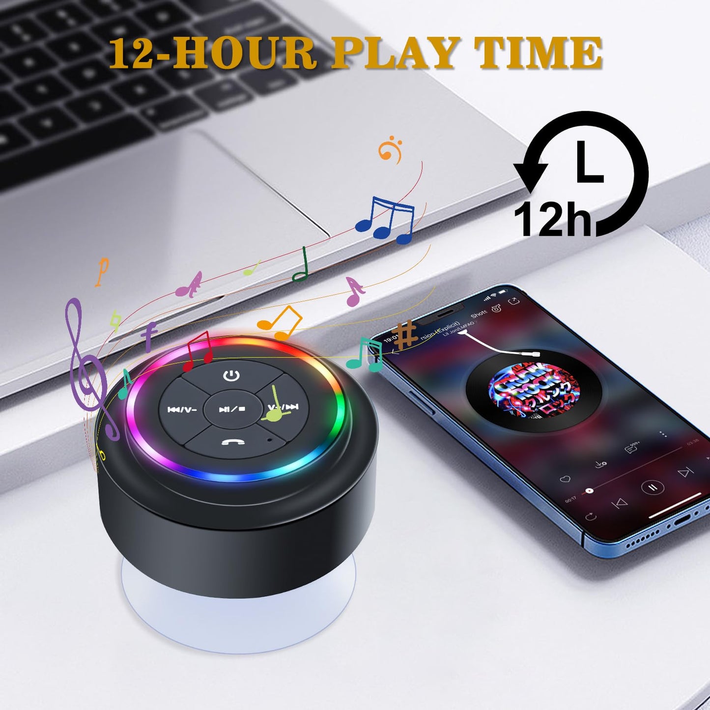 TDLIRH Bluetooth Waterproof Shower Speaker, Portable Wireless Speaker with Suction Cup, Colorful Lights, Teen Gift Idea for Shower, Bathroom, Pool, Beach