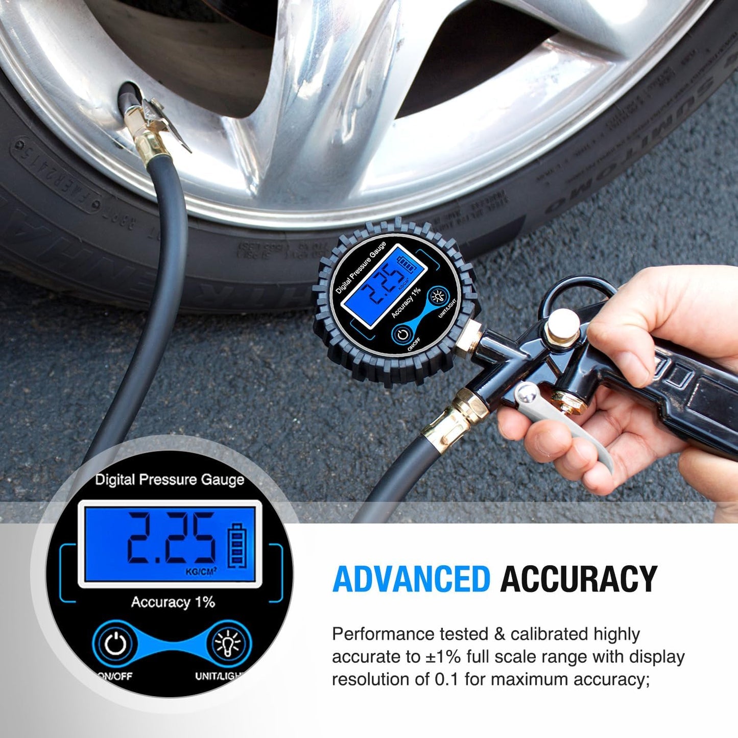 Nilight 50026R Digital Tire Inflator Pressure Gauge,250 PSI Air Chuck and Compressor Accessories Heavy Duty with Rubber Hose Quick Connect Coupler for 0.1 Display Resolution