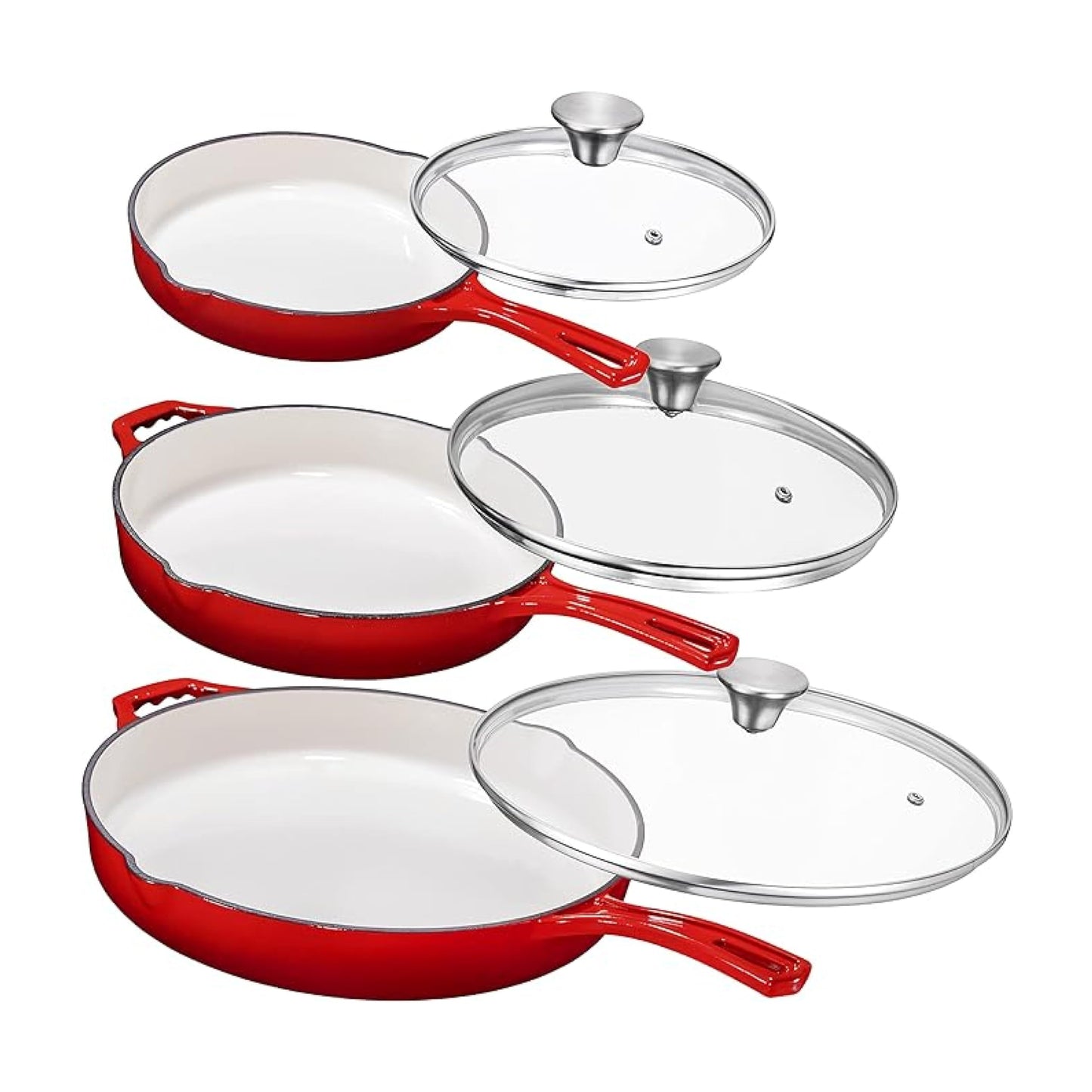 Bruntmor Enameled Cast Iron Skillet Set of 3-8, 10, and 12-Inch Non Stick Frying Pans with Tempered Glass Lids - Versatile Cast Iron Cookware Set for Casserole - Grill Pan for All Stovetops - Red