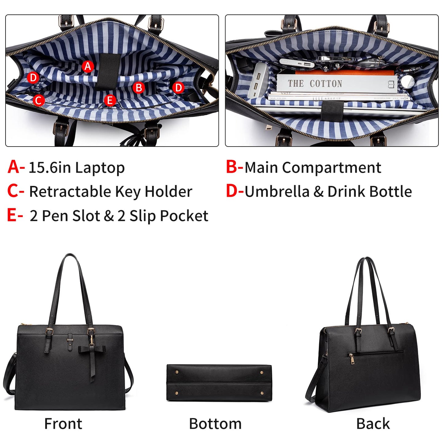 Keyli Laptop Tote Bag for Women Waterproof Leather Work Laptop Briefcase with Built-in USB Charging Port Computer Shoulder Bags Fits 15.6 Inch, Business Handbag Purse 4pcs Set Black