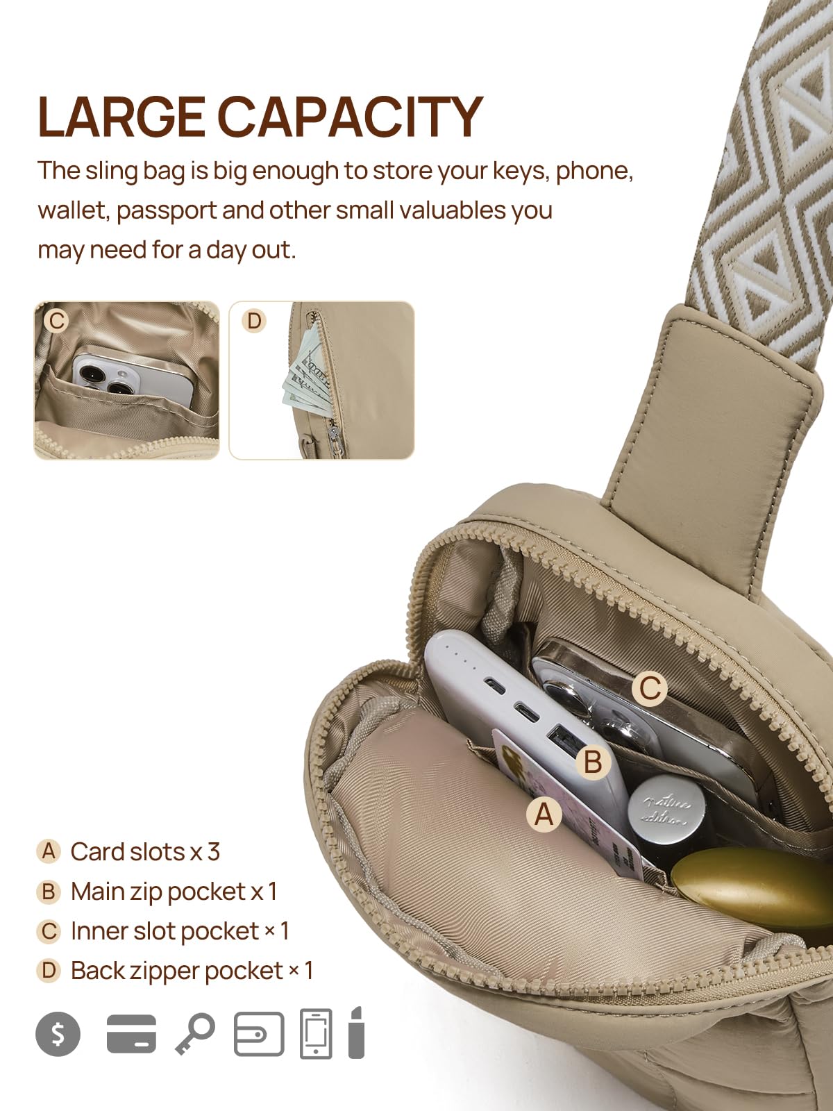 Telena Crossbody Bags for Women Quilted Puffer Cross Body Sling Bag Khaki