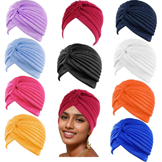 10 PCS Stretchy Turban Caps for Women, Chemo Head Wraps, Cancer Headwear, Twisted India Hats, Assorted Colors
