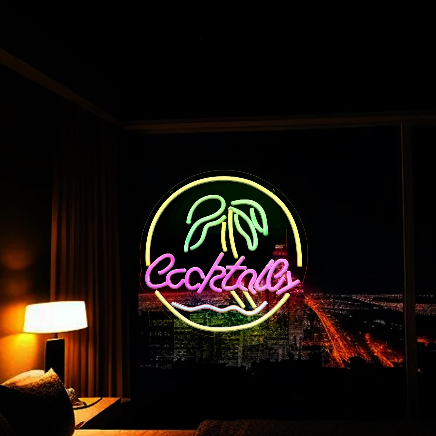 Cocktail Neon Light Dimmable Wine LED Light Palm Tree Wall Decoration Gift for Bar Man Cave Party Gathering 12.8 * 12.8 Inch