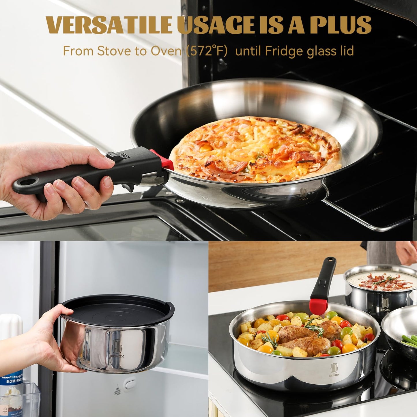 ROYDX 20pcs Pots and Pans Set, Stainless Steel Cookware Set Detachable Handle, Induction Kitchen Stackable RV Cookware Sets, (Camper, Boat, Small Kitchen), Dishwasher Safe&Oven Safe, PFOA Free, Silver