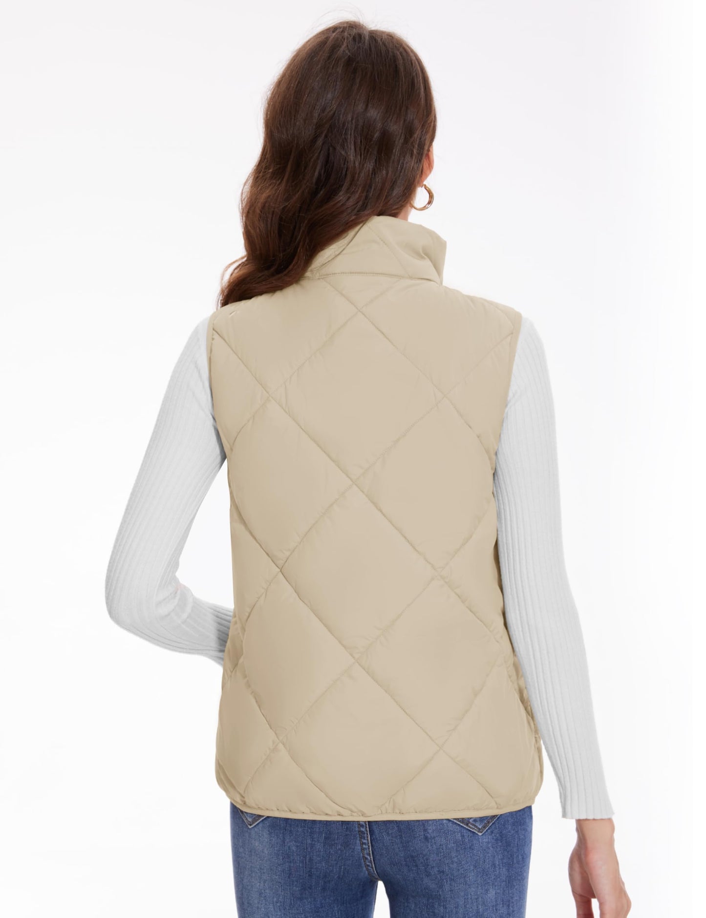 YUCOLEN Womens Quilted Vest Zip Up Puffer Vests Lightweight Sleeveless Winter Warm Stand Collar 4 Pockets Puffy Jackets Padded Gilet Winter Outerwear champagne XL