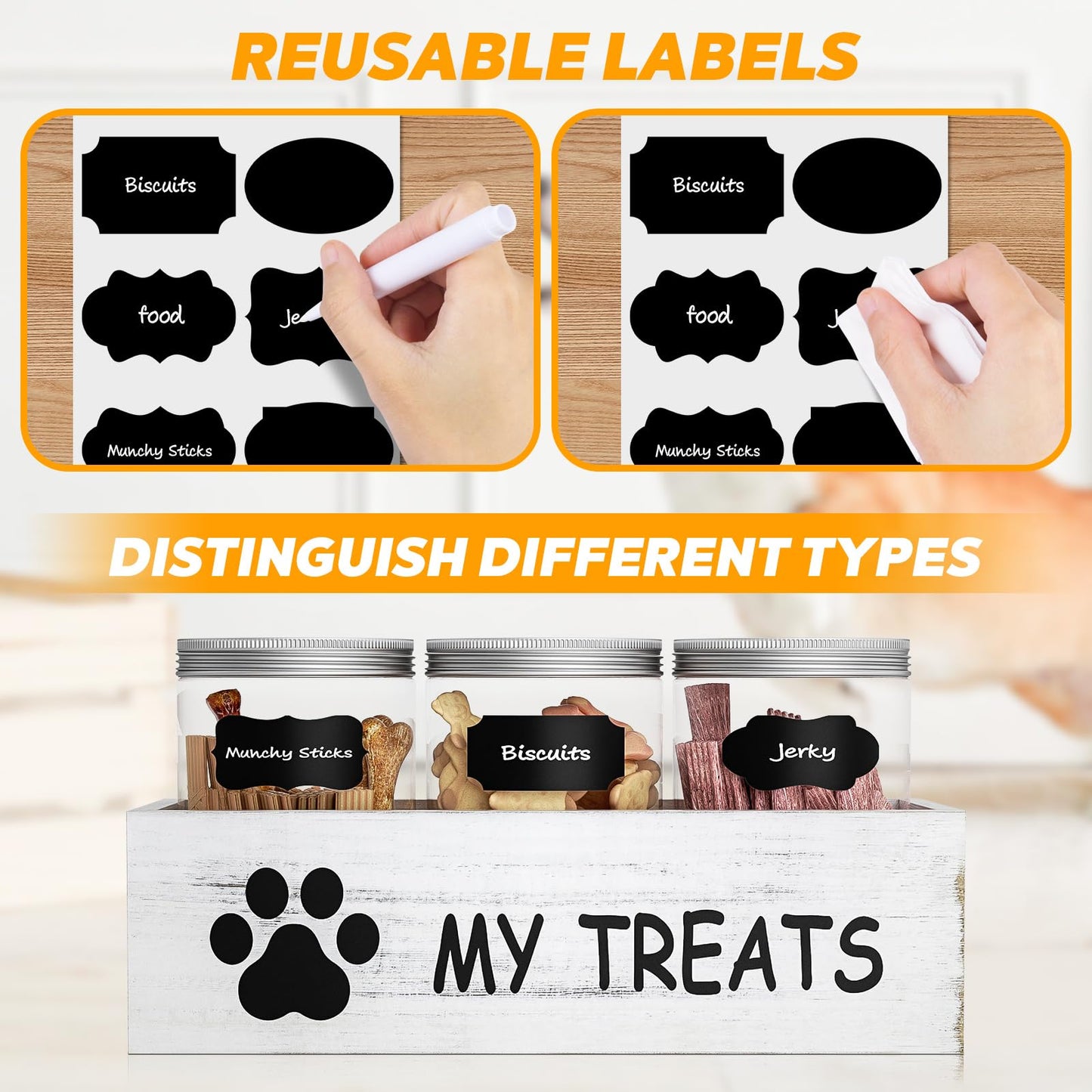 qeerable Dog Treat Container for Countertop - Dog Food Storage with 3 Jars - Pet Food Organizer For Puppy - Airtight White Wooden Dog Treat Storage With Lids - Great Gift for Pet Dog Owners