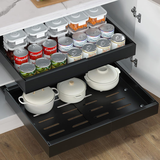 Pull Out Cabinet Organizer, Expandable(12.6"-20.47") Slide Out Drawers for Kitchen Cabinets, Cabinet Drawers Fixed with Adhesive Nano Film, Cabinet Roll Out Shelf in Pantry or Living Room, 16.54" Deep