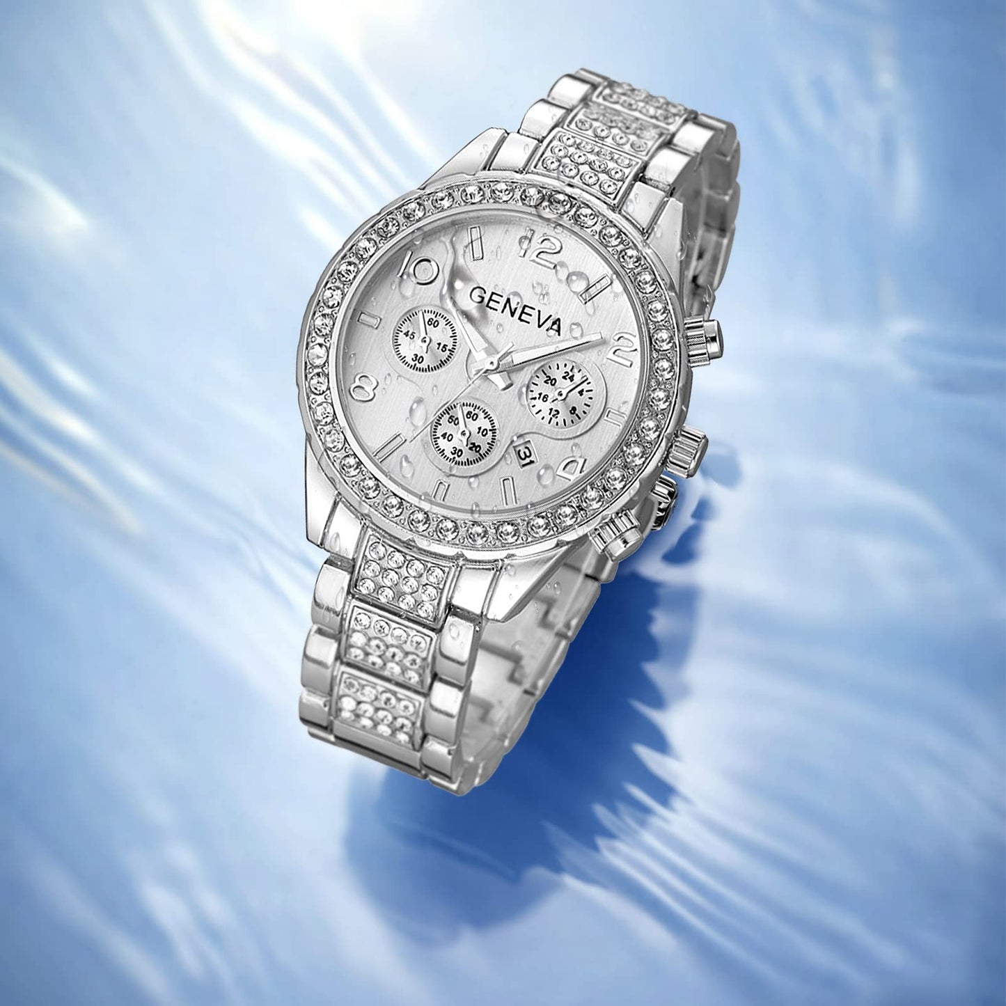 Gosasa Luxury Unisex Crystal Diamond Watches Quartz Digital Calendar Rose Gold Silver Stainless Steel Watch (Silver)