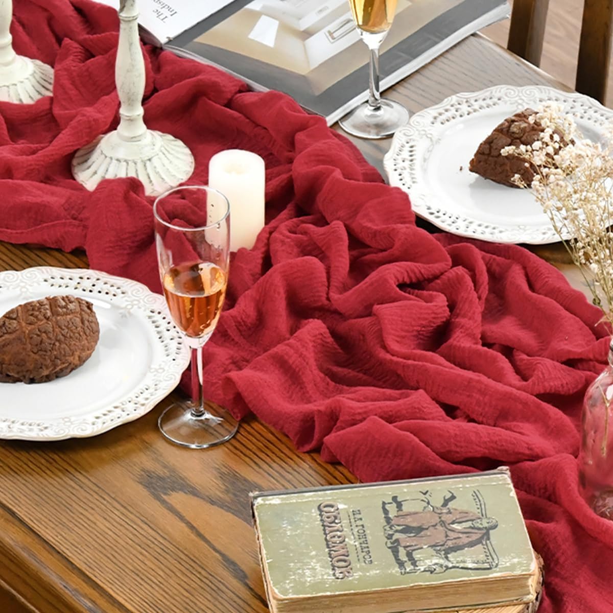Artoid Mode Boho Cheesecloth Gauze Red Wedding Table Runner, 160 Inch Seasonal Christmas Fabric Kitchen Dining Holiday Table Decor for Home Party Indoor