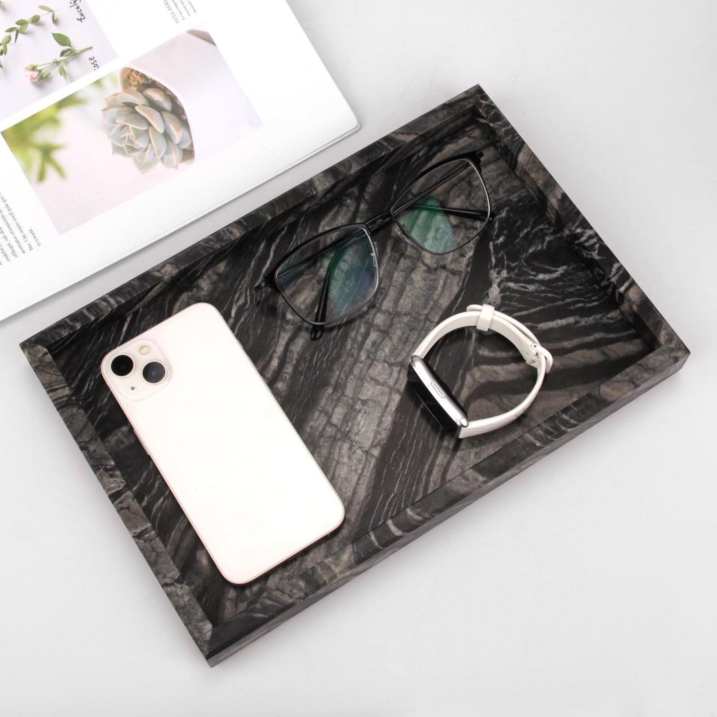 Marble Bathroom Vanity Tray, Natural Luxury Vanity Home Kitchen Bathroom Table Tray, Stone Decorative Countertop Dresser Trays for Key Coffee Perfume Jewelry Makeup (Wood Grain, 12"x 8" x1.2")