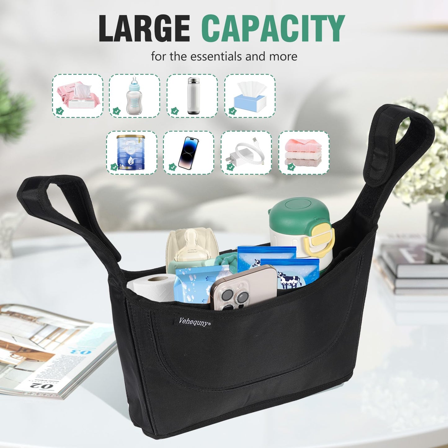 Vehequny Stroller Caddy, Universal Stroller Organizer,600oz Large Storage Stroller Organizer Bag Fits for Uppababy, Baby Jogger, Britax, BOB, Cruz, Minu, G-Series ,Most Strollers