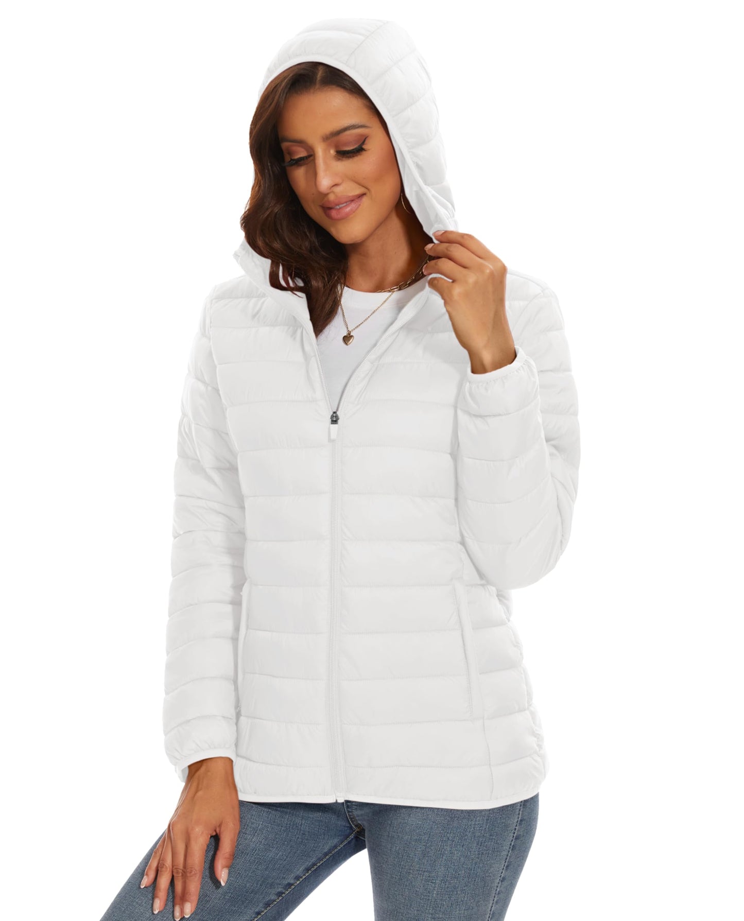 MAGCOMSEN Womens Puffer Jacket Hooded Lightweight Quilted Winter Long Sleeve Water-resistant Zip-up Coat with Inner Pocket, White M