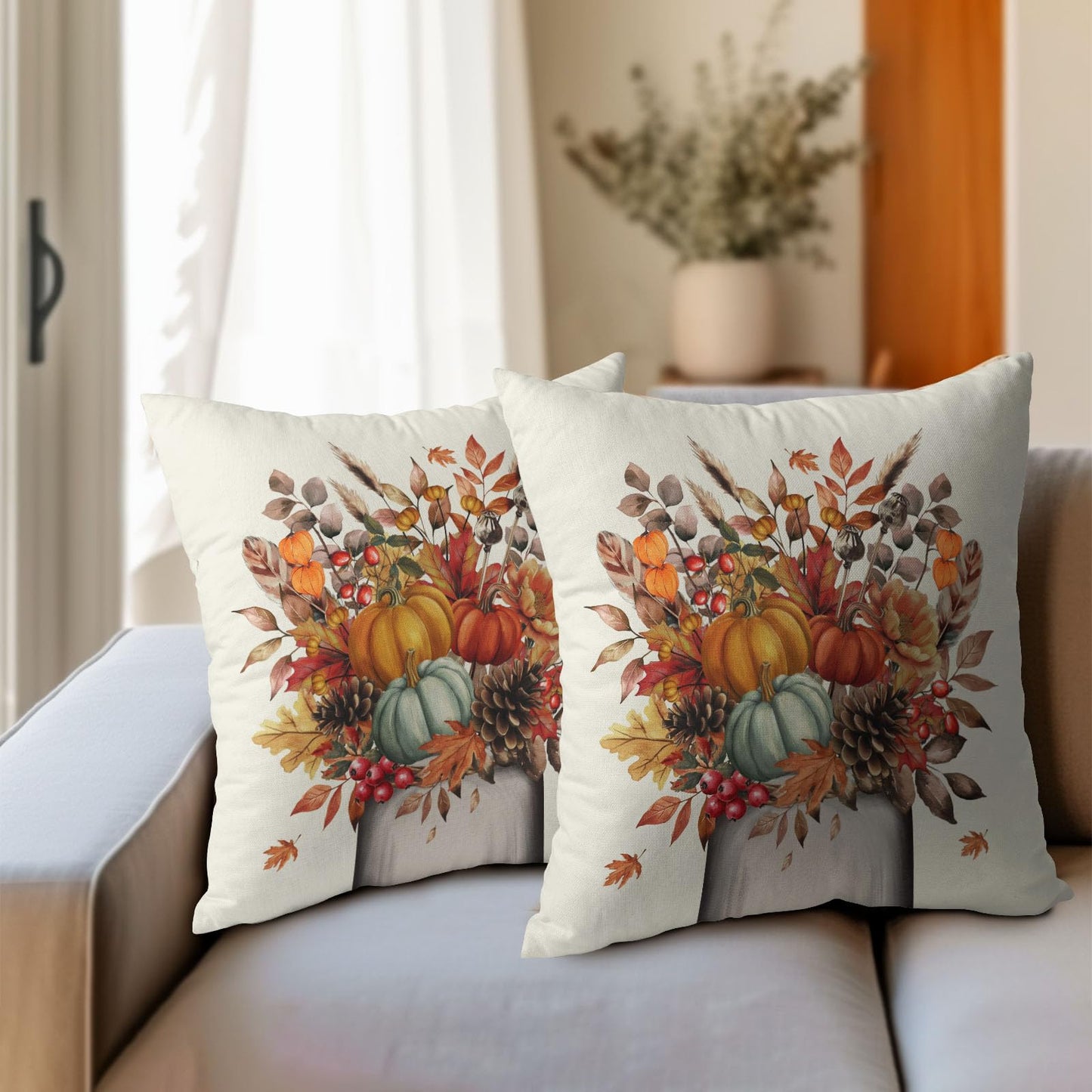 Fall Floral Maple Leaves Throw Pillow Covers 18X18 Inches Set of 2 Autumn Pumpkin Mason Jar Pillowcase Soft Cotton Linen Square Cushion Covers for Home Sofa Bedroom