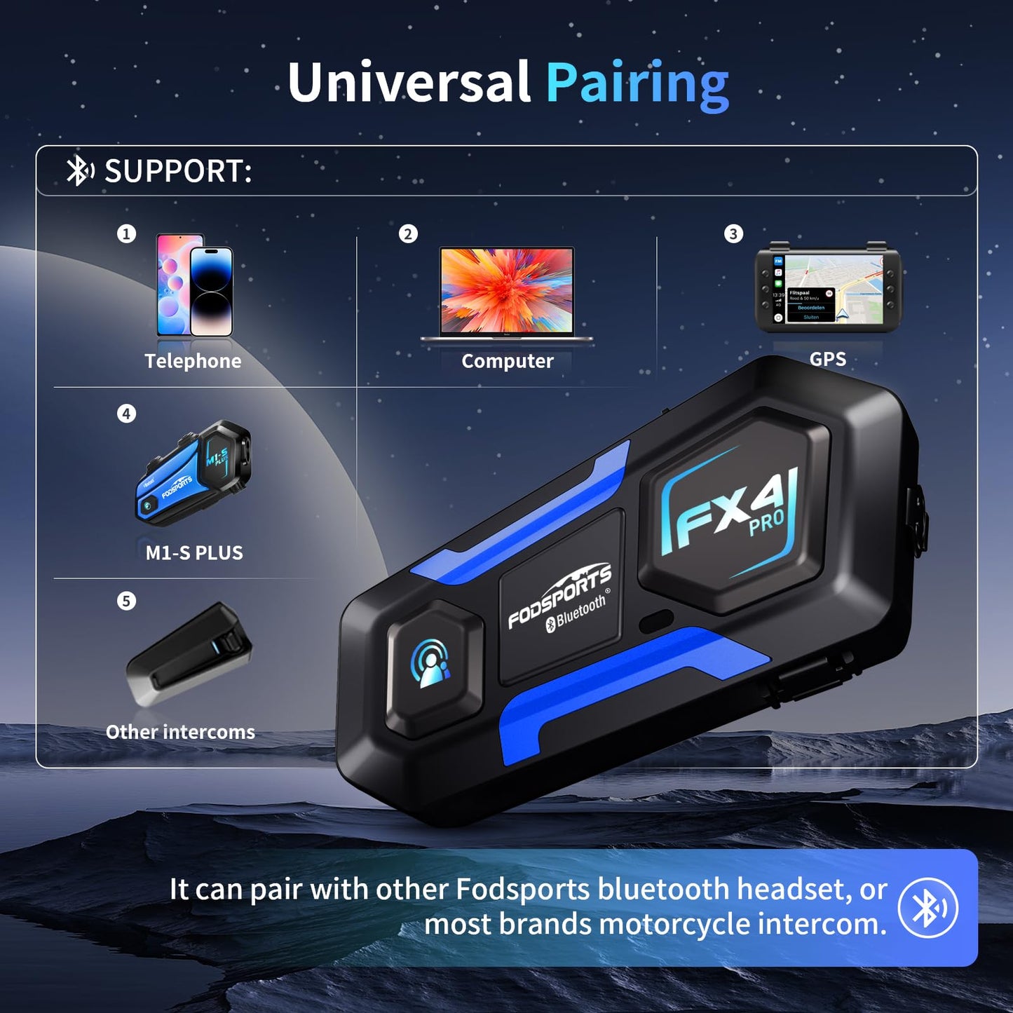 Fodsports Motorcycle Bluetooth Intercom FX4 Pro 1200m Helmet Intercom, 4 Riders Motorcycle Bluetooth Headset, Helmet Communication System FM/Hard &Soft Mic/2Pack