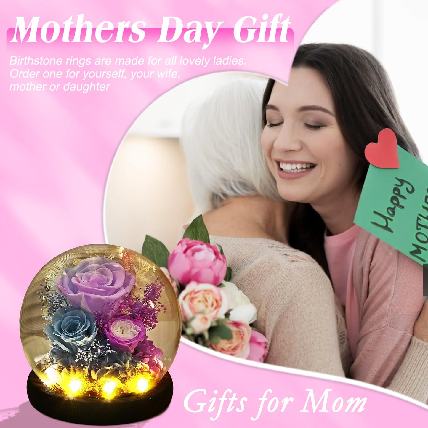 GiftGuru Mothers Day Flowers Delivery Prime, Roses in Glass Dome with LED Light - Gifts for Mom Grandma Her Girlfriend Wife