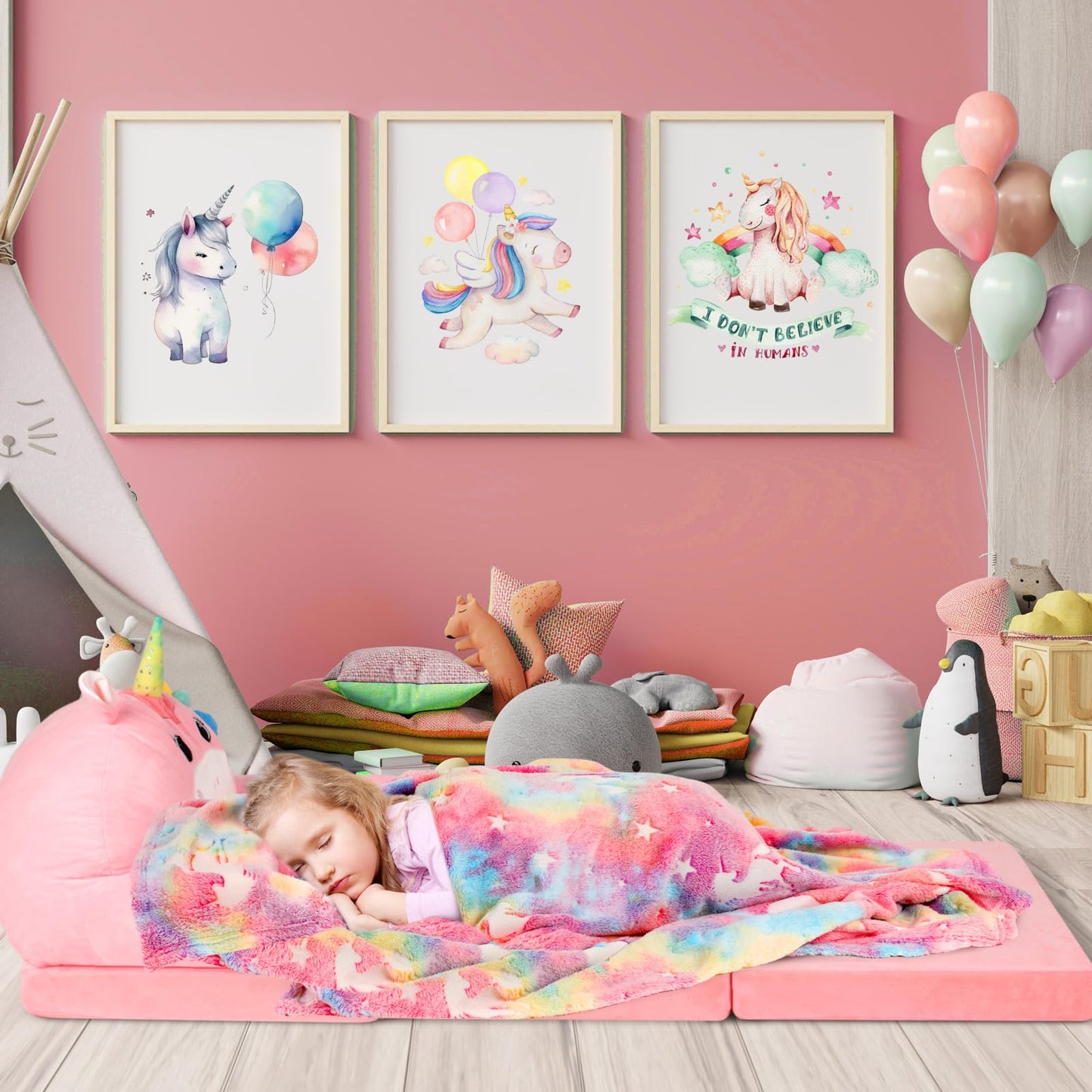 Burbell Toddler Chairs Comfy Unicorn Toddler Couches That Fold Out with Blanket 2-in-1 Kids Fold Out Couch Velvet Child Foldable Convertible Sofa to Lounger for 1-7 Years Old (Pink)